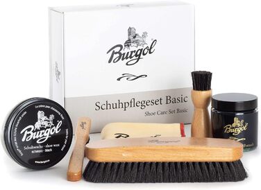 Набір для догляду за взуттям Burgol Shoe Care Set Basic з помади для взуття, взуттєвого воску, щіток з кінського волосу та полірувальної тканини Колір чорний