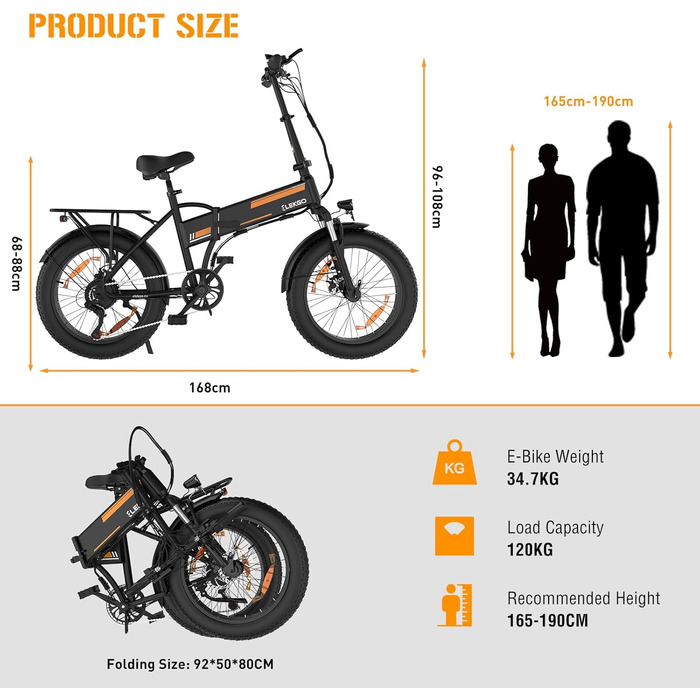 Чоловічі електричні велосипеди ELEKGO EG10 E Bike E Bike, E Bike 20 * 4.0 дюйма, 7-ступінчаста коробка передач E Bike з РК-дисплеєм, двигун E Bike 250 Вт та 25 км / год, пробіг до 90 км чорно-помаранчевий