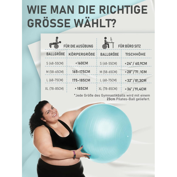 М'яч для вправ PhysKcal у наборі м'ячів для пілатесу від 55 см до 85 см і 23 см з повітряним насосом М'яч для вправ із захистом від розриву, протиковзкий м'яч для сидіння, м'яч для балансу, м'яч для йоги для дому, тренажерного залу та офісу (M (58-65 см),