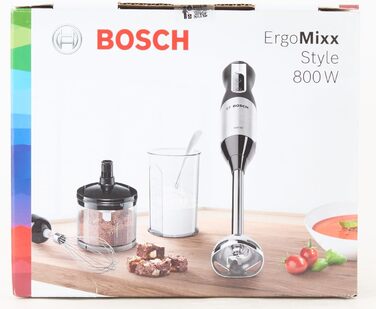 Ручний блендер Bosch ErgoMixx Style MS6CM4150, ніжка блендера з нержавіючої сталі, чашка для змішування та вимірювання, віночок, 4-лезовий ніж, ергономічний дизайн, 12 рівнів плюс турбо, 800 Вт, L-подрібнювач з нержавіючої сталі 500 мл