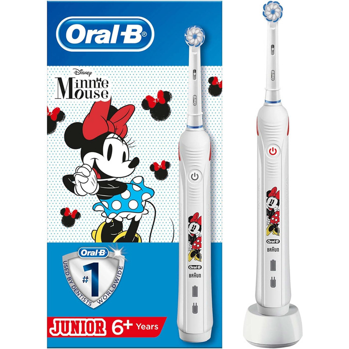 Електрична зубна щітка Oral-B Junior Minnie Mouse для дітей віком від 6 років, м'яка щетина та візуальний контроль тиску для додаткового захисту ясен, 2 програми чищення в т.ч. Чутлива, таймер, біла Мінні Маус Одиночна