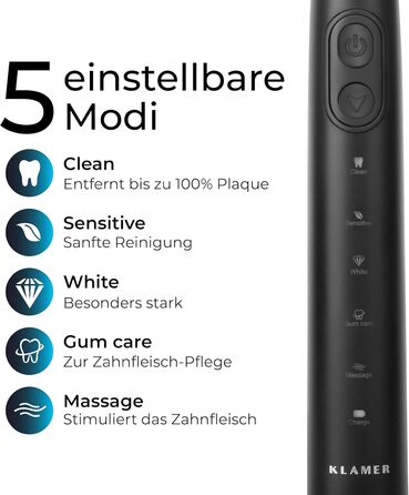 Звукова зубна щітка KLAMER, електрична зубна щітка з терміном роботи 30 днів, 5 режимів чищення, вбудований таймер і автоматичне вимкнення, включаючи зарядну станцію, запасну насадку для щітки та дорожній кейс