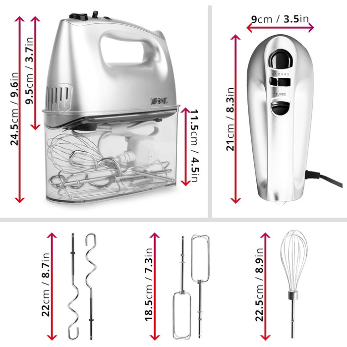 Електричний ручний міксер Duronic HM4 SR Ручний міксер 400 Вт Блендер і ручний міксер з ящиком для зберігання Міксер з гаком для тіста, вінчиком і вінчиком 5 рівнів і функція турбо