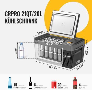 Компресорний охолоджувач BougeRV CRPRO 12 В, автомобільний охолоджувач 20 літрів (22 C 10 C), портативний автомобільний холодильник 12/24 В постійного струму та 110-240 В змінного струму, холодильник 12 В, для автомобіля, кемпінгу, подорожей (оновлена вер