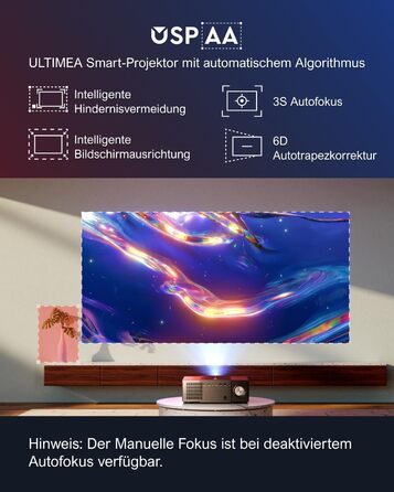 Проектор ULTIMEA 4K Домашній кінотеатр підтримує 900 ANSI люмен з уникненням перешкод і 6D корекцією трапецеїдальних спотворень, динамік 30 Вт, рідний проектор 1080P WiFi Bluetooth 5.3 для вітальні, серія Apollo P60 Smart