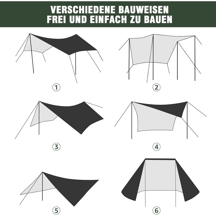 Кемпінговий намет Брезентовий тент 3м х 3м Брезентовий багатофункціональний портативний тент з 6 кілочками і 6 мотузками Захист від сонця для гамака Пікнік на відкритому повітрі Чорний