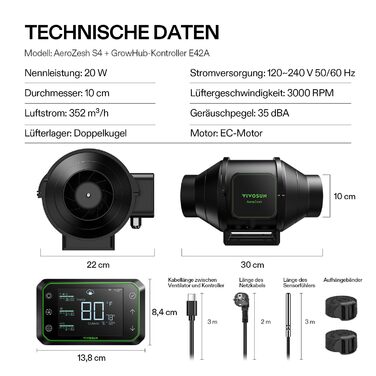 Канальний вентилятор VIVOSUN 100 мм AeroZesh S4, тихий вентиляційний вентилятор 352 м/год з електродвигуном і контролем вологості температури GrowHub E42A, контролер WiFi для підігріву-охолодження-підсилювача, намети для вирощування