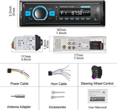 Автомобільна стереосистема Hodozzy DAB 1 Din з Bluetooth, MP3-плеєр з FM-радіо, підтримка автомобільної стереосистеми 1 Din BT Hands-free/еквалайзер/керування на кермі/USB/зарядка/TF/AUX-вхід, цифровий медіа-ресивер