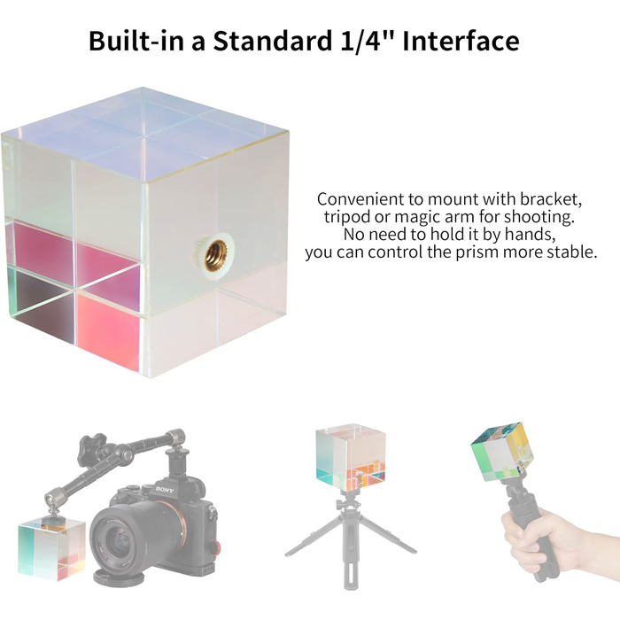 Фотографічна мембранна кришталева призма з різьбовим отвором 1/4', професійна оптична кришталева скляна кубічна призма, створює ефект легкої веселки для студії фотографів