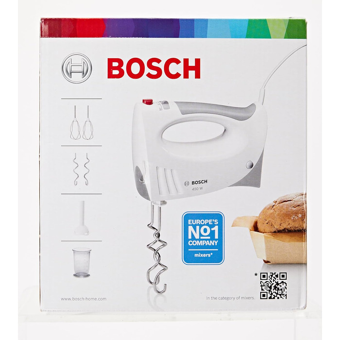 Ручний міксер Bosch MFQ3540, ручний міксер, 2 вінчики, 2 гачки для тіста з нержавіючої сталі, можна мити в посудомийній машині, 5 рівнів, ручний блендер, глечик для блендера, 450 Вт, білий одинарний