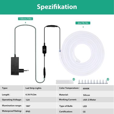 Світлодіодна стрічка Lamomo 2M, неонова світлодіодна стрічка 12 В з можливістю затемнення, водонепроникна світлодіодна стрічка 3000K, силіконова гнучка стрічка зі світлодіодною стрічкою своїми руками з блоком живлення та контролером для внутрішнього зовні