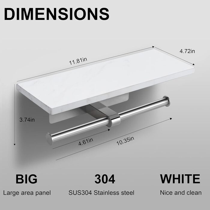 Тримач для туалетного рушника з полицею з натурального мармуру, для ванної кімнати, вбиральні, настінний, підходить для мега рулонів (матовий нікель, великий 30 х 12 см) Матовий нікель Великий 11,8 * 4,7