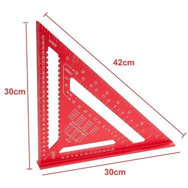 Столярний косинець Besland 300 мм з поверхнею для записів, що витирається, Інтелектуальне свердлильне пристосування для точного діаметру, 12-дюймовий транспортир з метричною лінією трикутника, Високоточний вимірювальний інструмент (300 мм, червоний) BL-BB