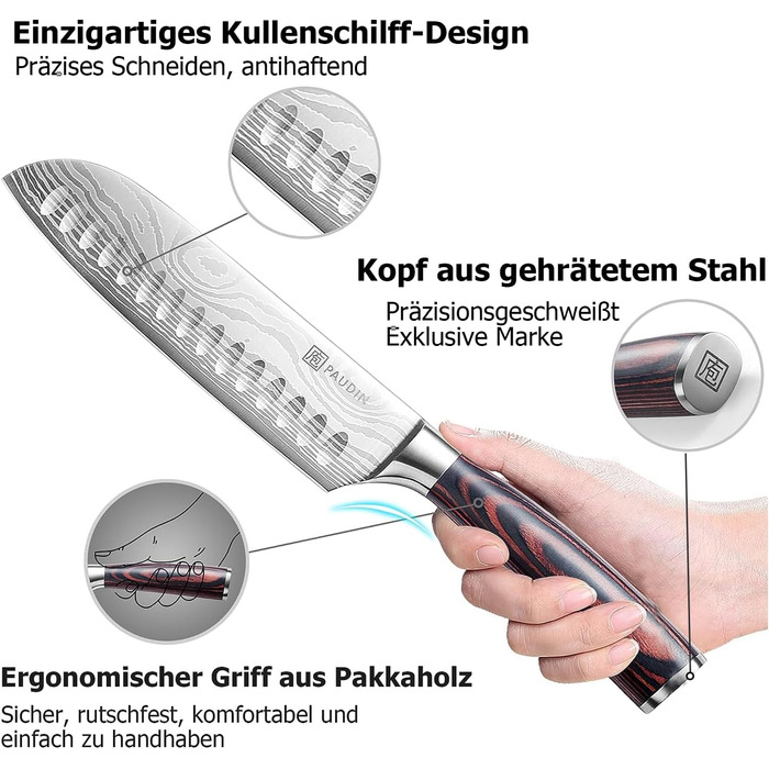 Ніж PAUDIN Сантоку, довжина леза 17 см Кухарський ніж з німецької ножової сталі, ніж для суші Кухонний ніж з ергономічною рукояткою для дому та ресторану Ніж Сантоку 17 см