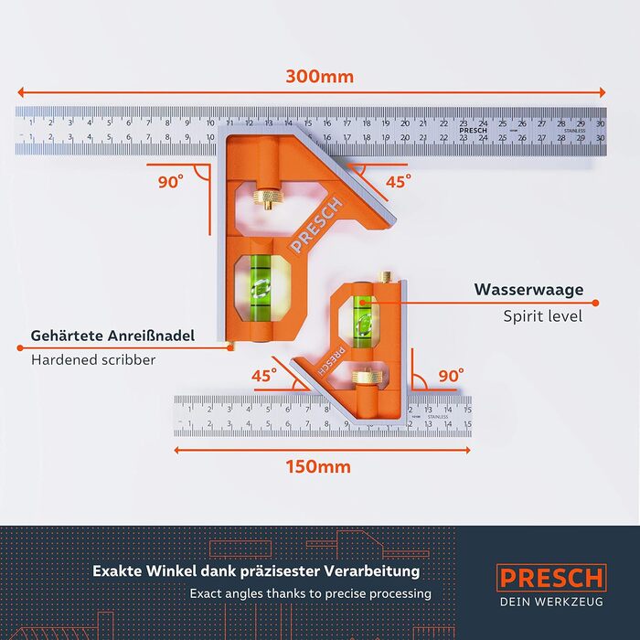 Набір комбінованих косинців Presch 150 мм і 300 мм - метричні - два точних універсальних комбінованих косинця з лінійкою - набір косинців з лінійкою - нержавіюча сталь, комбінований косинець - високоякісний професійний вимірювальний інструмент