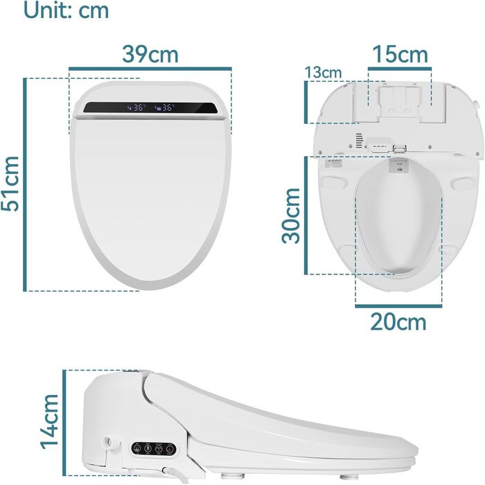 Інтелектуальна кришка унітазу, сидіння унітазу з механізмом плавного закриття, розумне сидіння для біде, підігрів, змив теплою водою, сильний і слабкий масаж, сушка теплим повітрям (кнопковий тип) Пульт дистанційного керування білого кольору