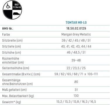 Інвалідне крісло FabaCare TOMTAR MR-LG, легке крісло з алюмінію, транспортне крісло складе, крісло для годування, складне крісло колісне, стандартне крісло колісне, регульоване по висоті, до 130 кг, ширина сидіння 42 см