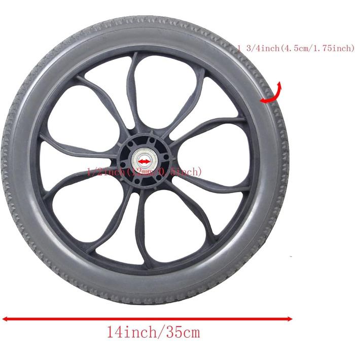 Ролики для інвалідних візків 2 шт. и 14-дюймові задні колеса для ручних інвалідних візків, 14 x 1,75 PU змінних роликів для інвалідних візків у зборі з підшипником 1/2 дюйма (12 мм)) Один колір 14x1,75