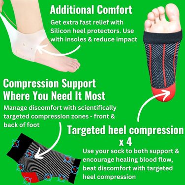 Шкарпетки Plantar People Plantar Fasciitis, 2 пари, з силіконовим гелем Heel Pad, компресія стопи для спорту, артрит, полегшення болю, бандаж для гомілковостопного суглоба для чоловіків і жінок, чорні (L/XL)