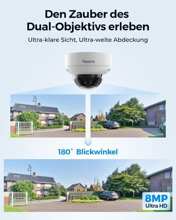 Камера Reolink 4K 8MP 180 з подвійним обєктивом PoE, захист від вандал IK10, виявлення людей/автомобілів/тварин, кольорове нічне бачення, двостороннє аудіо, водонепроникність IP67, живлення через Ethernet, Duo 2V PoE