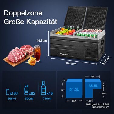 Компресорна холодильна камера 90 л, автомобільна холодильна камера з двома зонами і APP WIFI, 12/24 В постійного струму і 100-240 В змінного струму для автомобіля, вантажівки, човна, будинку на колесах, кемпінгу 90 л