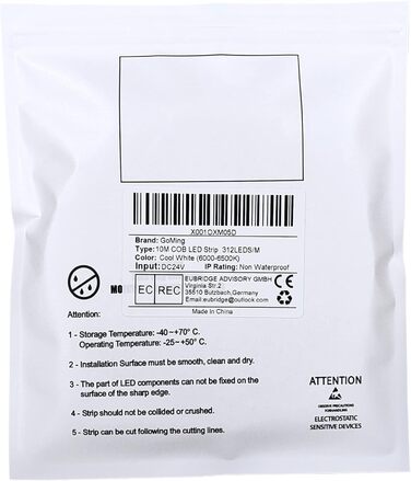 Світлодіодна стрічка GOMING 24 В COB 4000K Світлодіодна стрічка 312 світлодіодів/м Самоклеюча CRI 93 Висока яскравість 6300 лм Неводонепроникна світлодіодна стрічка IP20 для прикраси внутрішнього будинку (лише стрічка) (холодний білий, 10 м)