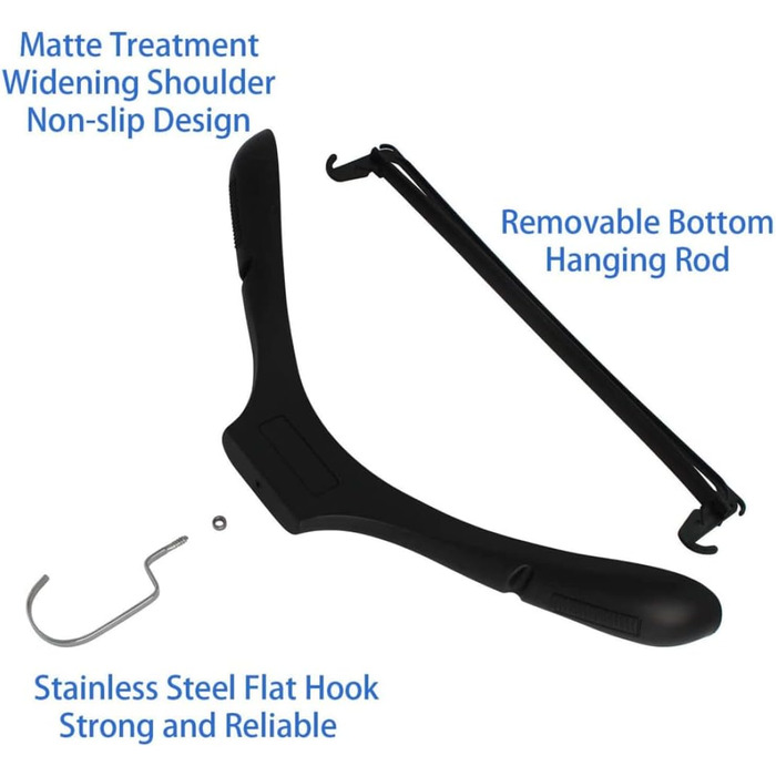 Дуже широкі пластикові вішалки для костюмів - Упаковка 15, 17.7 дюймів - Зубчасті плечі з поворотними гачками - чорні, вішалки, вішалки для костюмів, вішалки