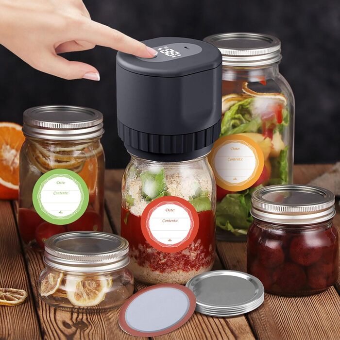 Вакуумна пакувальна машина cimsfcor Mason Jar, електричний вакуумний пакувальник для банок Mason з 15 шт. ами кришки для пляшок Mason і 6 шт. етикеткового паперу та відкривачкою для пляшок ука, автоматичні банки Mason