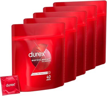 Класичні презервативи Durex Feeling тонкі презервативи з анатомічною формою, зволожені силіконовою змазкою 40 упаковок (1 x 40 шт. ) (40 шт. (5 упаковок))