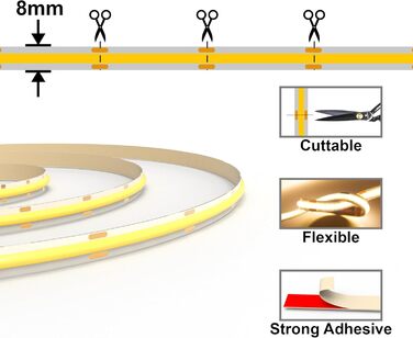 Світлодіодна стрічка luktix COB 10M, світлодіодна стрічка тепла біла 3000K, світлодіодна стрічка 24 В з можливістю затемнення, CRI92, ширина 8 мм, з пультом дистанційного керування та блоком живлення, для прикраси будинку, кухні, дзеркала