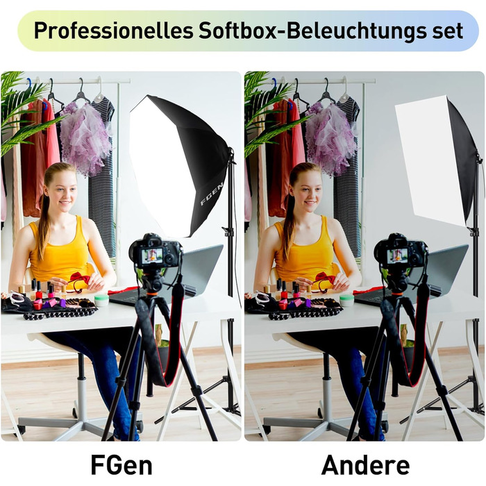 Фотостудійний набір FGen Softbox, восьмикутна фотолампа 135 Вт 5500K, освітлення 70 см для фотостудій з основою E27 і штативами 2M з регульованим світлом для студійних портретів, предметна фотозйомка 2x135W восьмикутний софтбокс