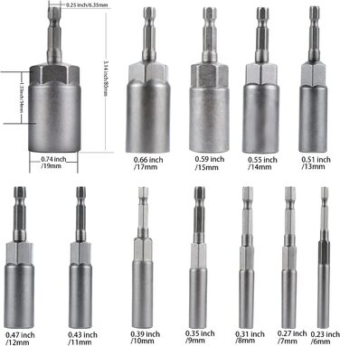 Шестигранні торцеві ключі 1/4, 6-19 мм, адаптер для торцевих ключів довжиною 80 мм для акумуляторних викруток і дрилів-шуруповертів