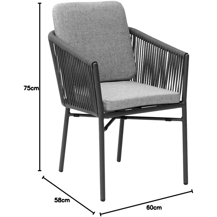ВИВ. Штабельне крісло Огайо алюміній з чохлом із синтетичного волокна та мотузковим плетенням, атмосферне та штабельоване, включаючи подушки, антрацит 60 x 58 x 75 см