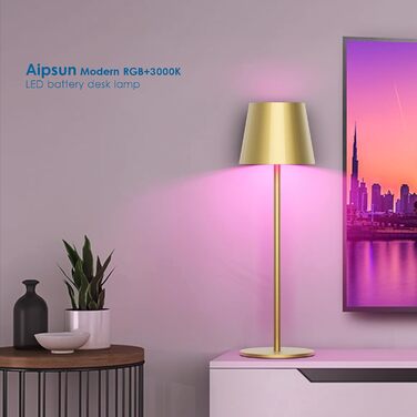 Світлодіодна бездротова настільна лампа Aipsun Dimmable 5000 мАг, сенсорний затемнення 8 кольорів 3000K RGB настільна лампа бездротова, алюміній, USB-C, IP54, для внутрішнього та зовнішнього використання (Gold-3000krgb, 2 шт. и)