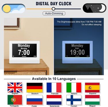 Будильник з цифровим календарем SENXINGYAN, будильник з великим екраном HD на великому екрані, кілька режимів годинника для людей похилого віку з датою та днем тижня, автоматичне затемнення для людей похилого віку, дорослих і пацієнтів з хворобою Альцгейм