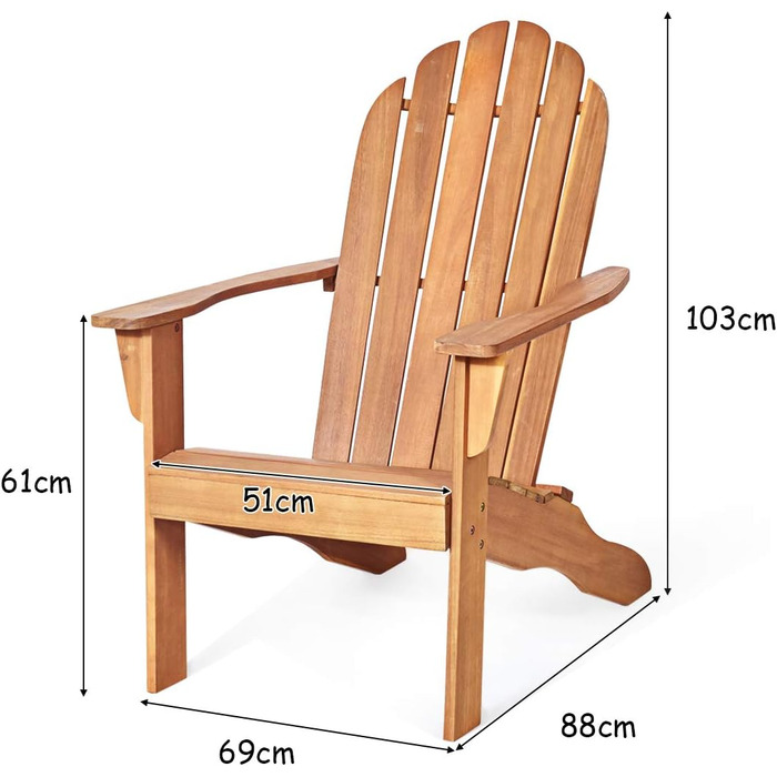 Крісло Adirondack з дерева акації, садове крісло зі спинкою і підлокітниками, дерев'яний стілець в стилі кантрі-будинку, садове крісло вантажопідйомністю до 160 кг, релакс-крісло для балкона, саду, пляжу (натуральне), 4LIFE