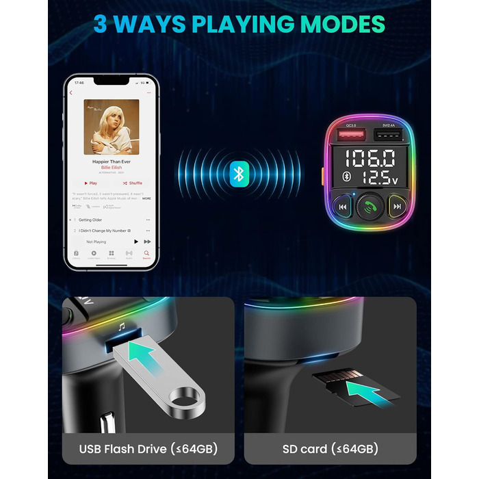 Передавач Автомобіль, Автомобільний адаптер Bluetooth, швидка зарядка QC3.0, Гучний зв'язок, Барвисте світло настрою, Автомобільний радіоадаптер Передавач Bluetooth 5.0 підтримує TF-карту U диск Простір сірий