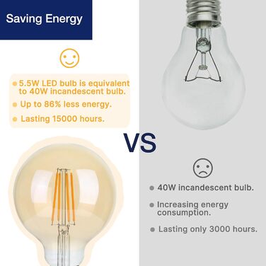 Вт (замінює 40 Вт), G95 Ретро світлодіодна нитка розжарювання Лампочка Едісона E27 Vintage, лампочка 550 лм E27 2700K теплий білий, 3 шт. и (бурштинове скло), 27 LED Vintage, 5,5