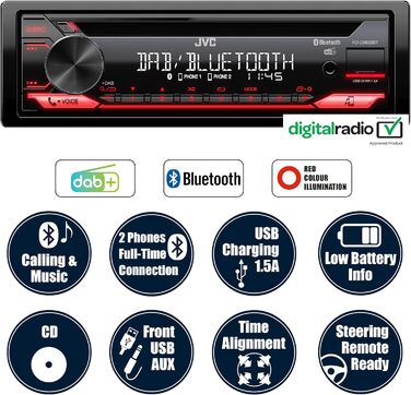 Автомагнітола JVC KD-DB622BT CD з системою гучного зв'язку DAB і Bluetooth (звуковий процесор, USB, AUX-вхід, Spotify Control, 4 x 50 Вт, підсвічування червоної клавіші, без антени) Одинарний