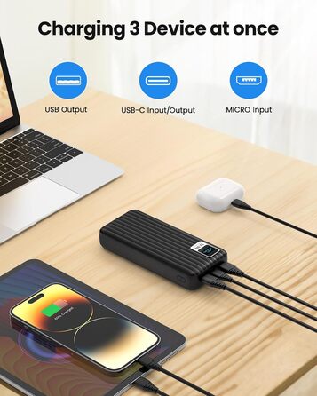 Маленький, але потужний (USB C вхід і вихід), 3A USB C PD 3.0 QC 4.0 Зовнішній акумулятор мобільного телефону, функція швидкої зарядки, сумісний з iPhone 14 13 12 11 Pro Max, Samsung Galaxy, iPad, 27000mAh