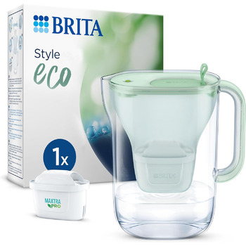 Фільтр для води BRITA Jug Style eco Green (2,4 л) з 1 картриджем MAXTRA PRO все в 1 екологічний фільтр у сучасному дизайні для зменшення вапняного нальоту, хлору, свинцю та домішок Світло-зелений Нова версія Maxtra Pro Single