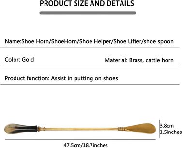 Ріжк для взуття LAVAMI в європейському стилі, латунний ріжок для взуття із середньою та довгою ручною ручкою, підйомник для дому високого класу, (колір золото, розмір 47,5x3,8 см) 47,5*3,8 см золотий