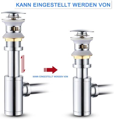 Сифон для пляшок для раковини у ванній кімнаті, сифон і висувний клапан Зливний набір без зливу переливної пробки, сифон для раковини, хром (універсальний сифон з латунним отвором для переливу, хром)