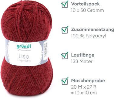 Пряжа Grndl Lisa Premium Uni Knitting & Crochet Yarn (м'яка і вовняна характер, проста в догляді миється трикотажна пряжа з 100 поліакрилу, 50 г/ 133 м, розмір голки 3,5 - 4,5, 10 клубків по 50 г кожен), (бордо)