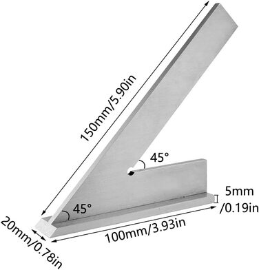 Лінійка 45 градусів Машинобудівна, 150x100 мм DIN 875/2 Кутова лінійка 45 градусів Кутовий кут Машинобудівний кут з сидінням Машинобудівний кут з сидінням