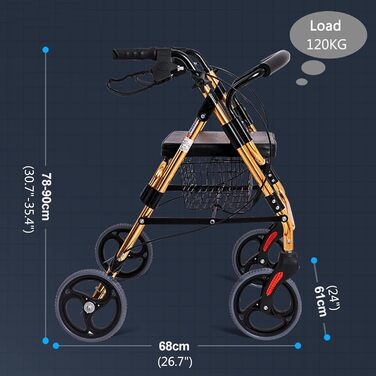 Високий для людей похилого віку та дорослих, регульовані по висоті розбірні ходунки з великими колесами, гальмівною ручкою, м'яким сидінням та підставкою для ніг, вантажопідйомність 100 кг, оздоблення
