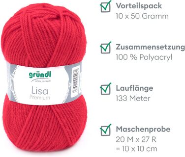 Пряжа Grndl Lisa Premium Uni Knitting & Chet Yarn (м'яка і вовняна характер, проста в догляді миється трикотажна пряжа з 100 поліакрилу, 50 г/ 133 м, розмір голки 3,5 - 4,5, 10 клубків по 50 г кожен), (сигнальний червоний)