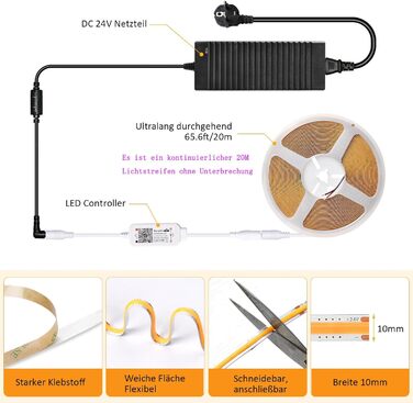 Світлодіодна стрічка SUBOSI Wifi COB з можливістю затемнення DC24V 2700K Інтелектуальне керування програмами 384 світлодіоди/м 6 Вт/м Світлодіодна стрічка з диммером Wi-Fi та блоком живлення, смугова світлова стрічка працює з Google Home Assistant/Alexa (