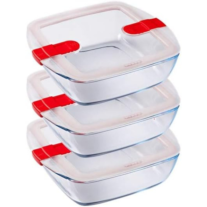 Скляні банки для зберігання їжі Pyrex 1451131 and Cook & Heat, квадратні, 1 л, з герметичною кришкою, можна використовувати в мікрохвильовій печі, 3 шт. и, прозорі 28,4 x 21 x 24,8 см Унікальні