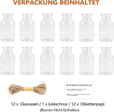 Маленьких скляних ваз для прикраси столу, висотою 10 см 125 мл набір маленьких ваз для весілля - міні-вази скляні пляшки з джутовим шнуром 5 м та 12 папірців для етикеток для дому, весіль, днів народжень, 12 шт.